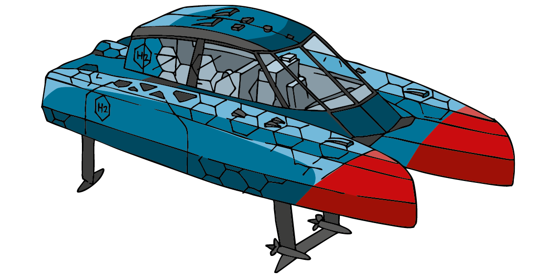 Illustration of Chase Zero, New Zealand's hydrogen-powered foiling chase boat